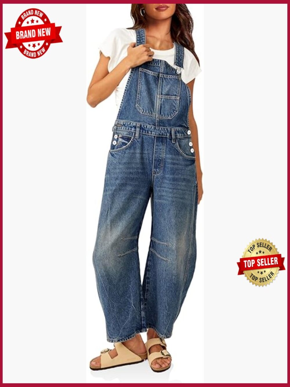 Women's Barrel Leg Denim Bib Overalls Jumpsuit with Pockets